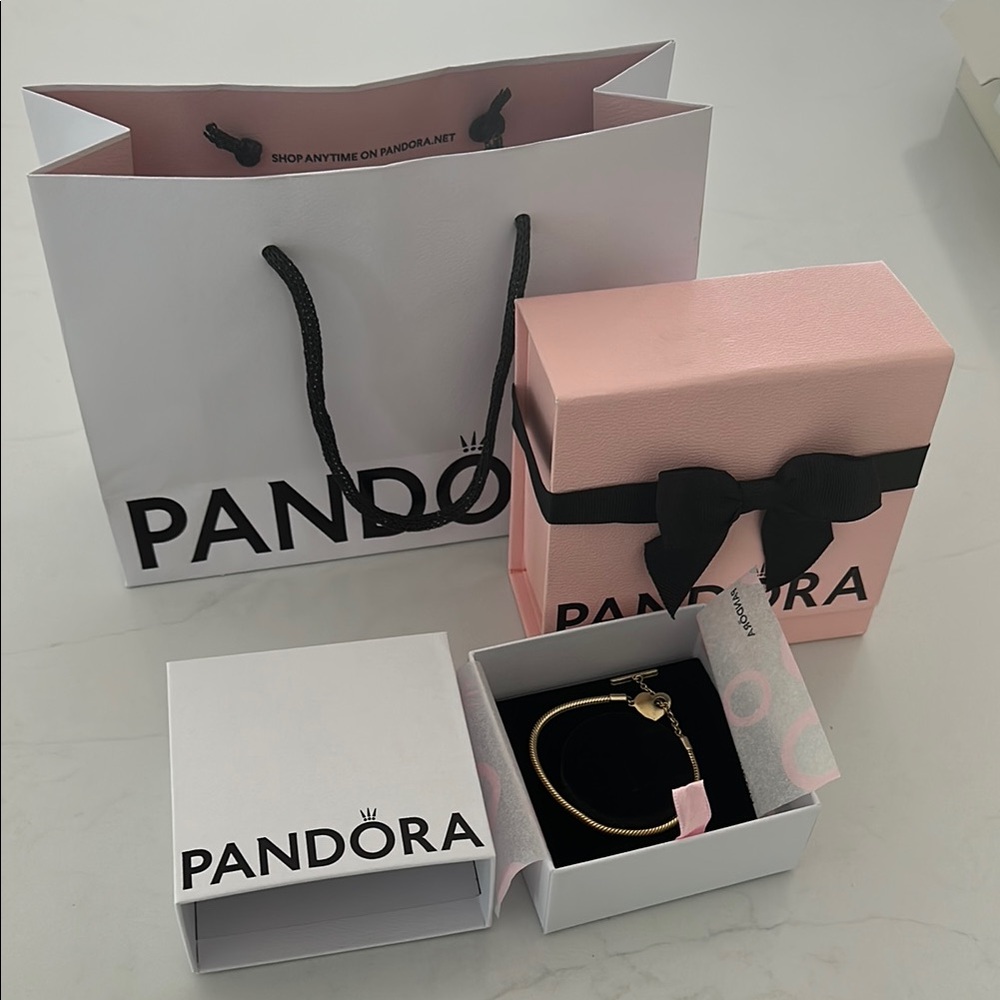 Pandora Moments Heart T-Bar Snake Chain Bracelet 14k Gold plating